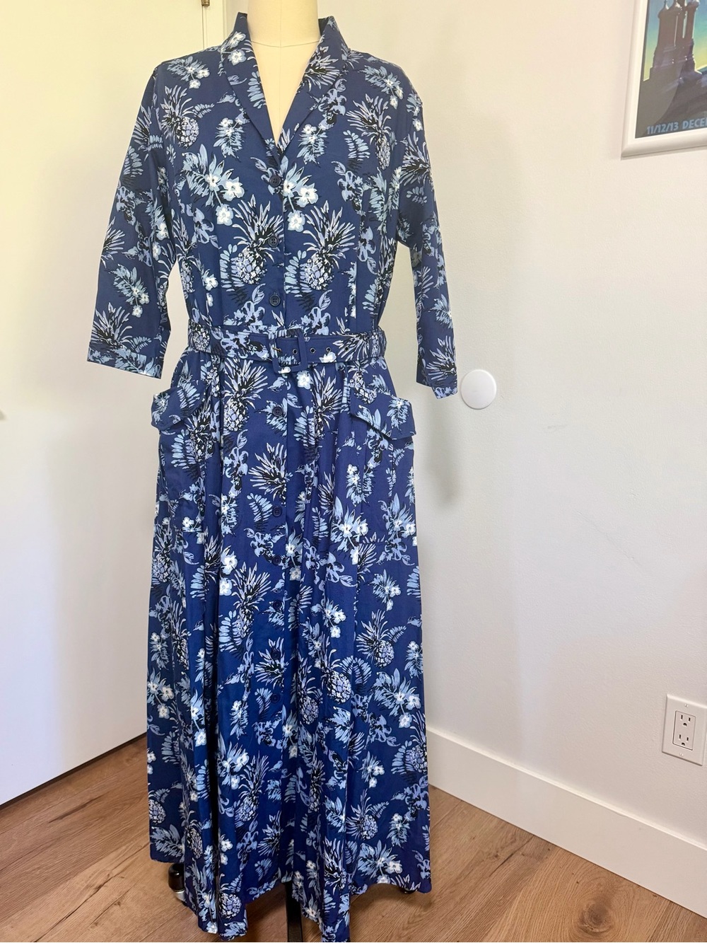 Navy Blue palm print cotton poplin belted maxi shirtdress. Eshakti Custom.L/XL.